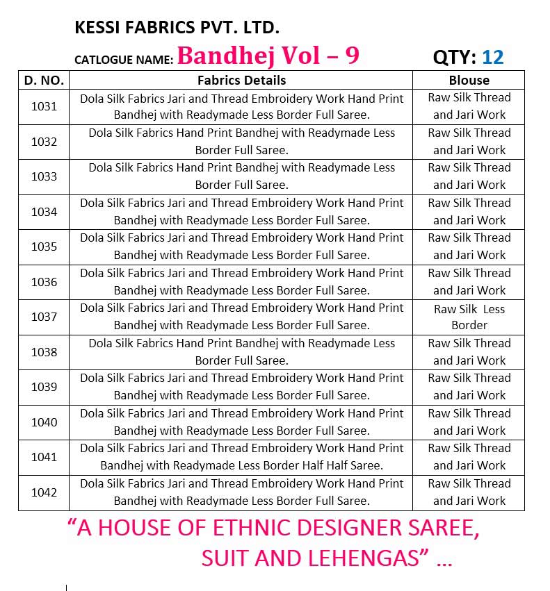 Bandhej Vol 9 Kessi Dola Silk Embroidery Bandhani Style Printed Fancy Saree Bandhej Vol 9 Kessi Dola Silk Embroidery Bandhani Style Printed Fancy Saree